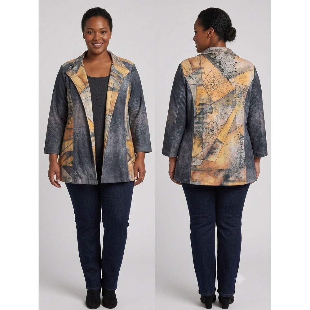 NWT Ali Miles Abstract Draped Open Front Faux Suede Jacket Size 2X Art to Wear
